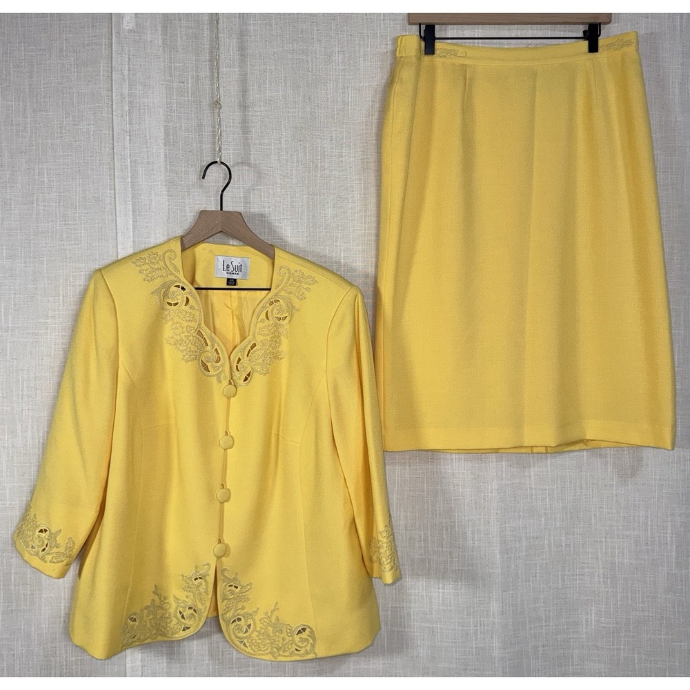 Vtg Le Suit Skirt Set Women's Sz 16 Yellow 2 piece Business Career Office
